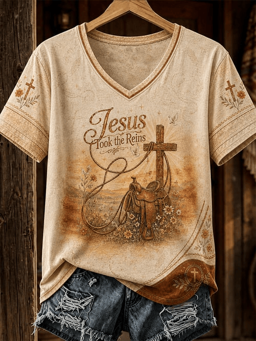 Jesus Took The Reins V-Neck Shirt Horse Saddle Cross Apparel Gift For Cowgirls