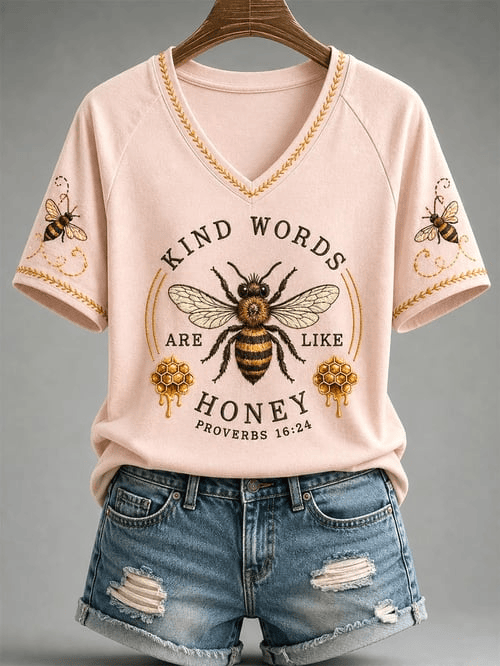 Kind Words Are Like Honey Proverbs 16 24 V-Neck Shirt Vintage Bee Merch Gift For Christian Women