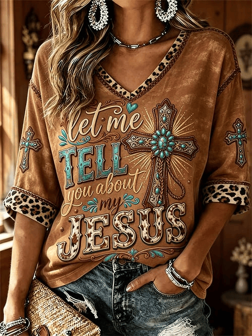 Let Me Tell You About My Jesus Cropped Sleeve V-Neck Shirt Western Cross Merch Gift For Her