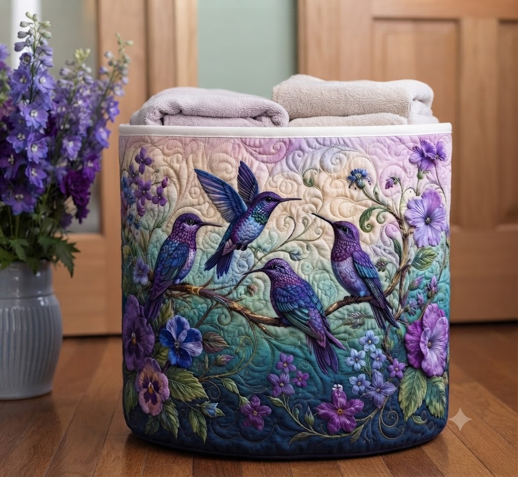 Lilac Paradise Quilt Laundry Hamper Hummingbird Storage Bin Unique Gifts For Her