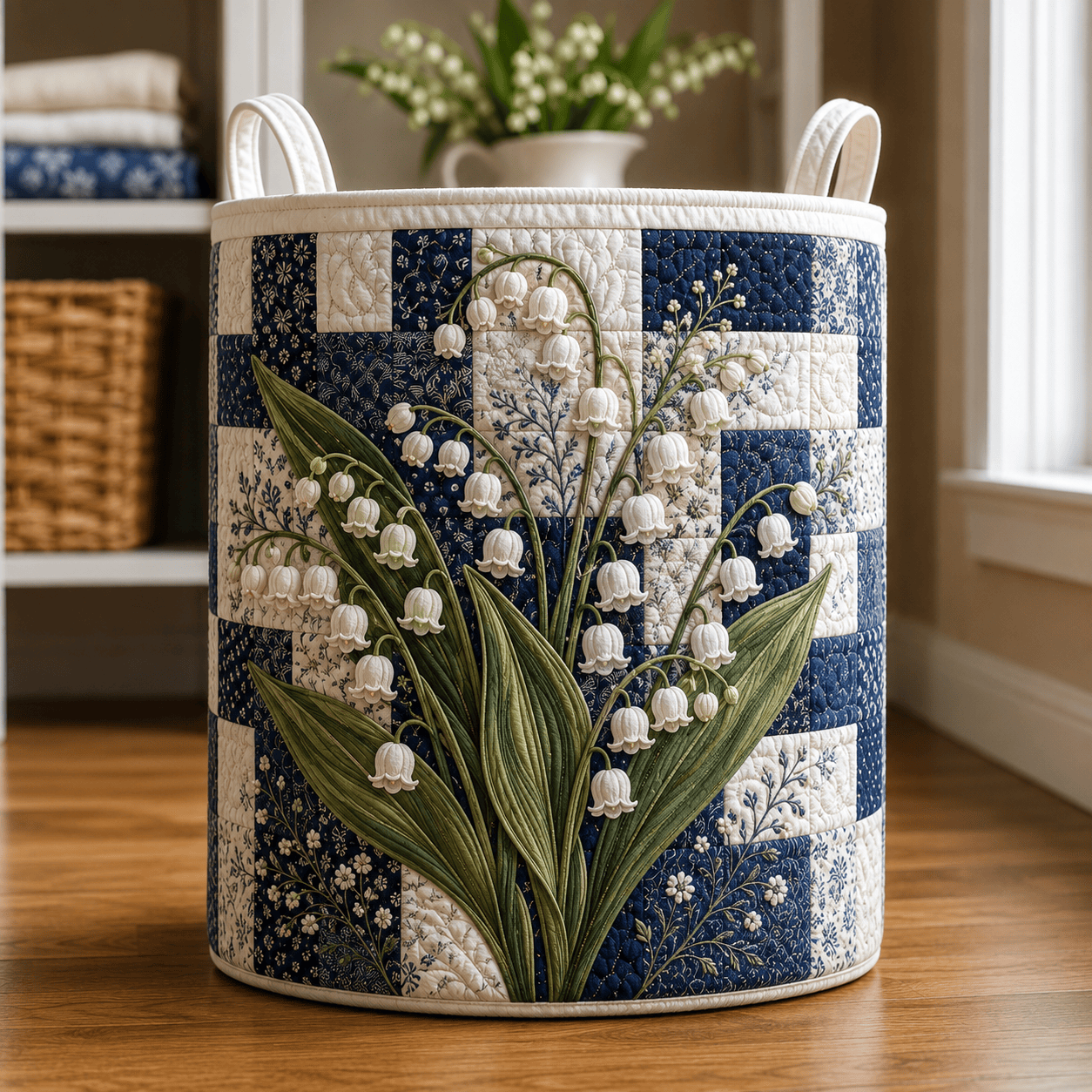 Lily Of The Valley Quilted Laundry Basket White Floral Clothes Hamper Cozy Housewarming Gifts