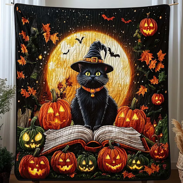 Magic Spell Cat Quilted Blanket Black Cat Halloween Merch Gifts For Home Decor