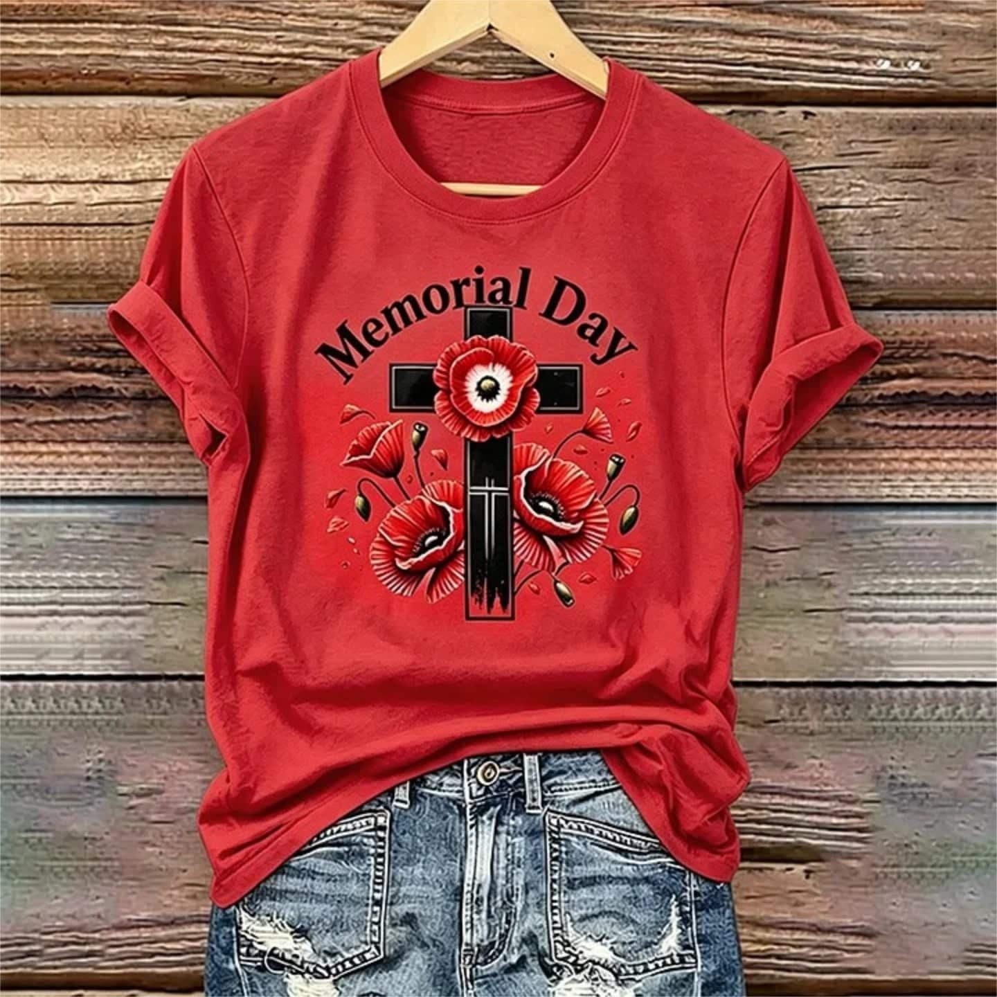 Memorial Day Red Poppy Cross T-Shirt Honor Their Sacrifice Merch Gift For Her - WWCandleCo