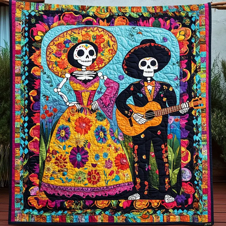 Mexican Day Of The Dead Quilted Blanket Day Of The Dead Skeletons Merch Gift For Home Decor