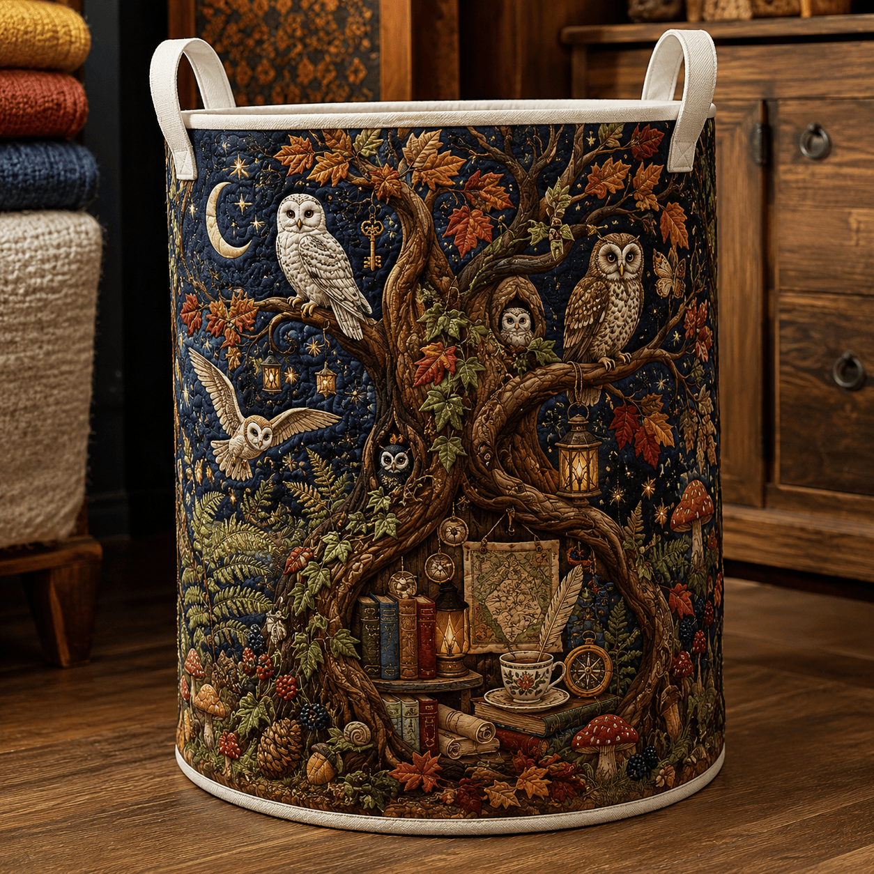Midnight Charm Quilt Laundry Basket Forest Wildlife Storage Bin Gift For Owls Lover