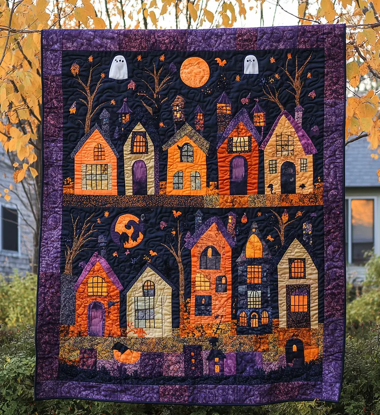 Midnight Magic Quilted Blanket Haunted Houses Halloween Merch Trendy Room Decor