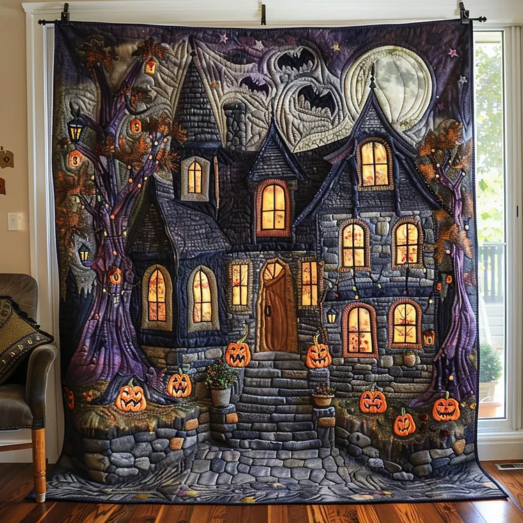 Midnight Manor Quilted Blanket Haunted House Pumpkins Merch Halloween Gifts For Wife