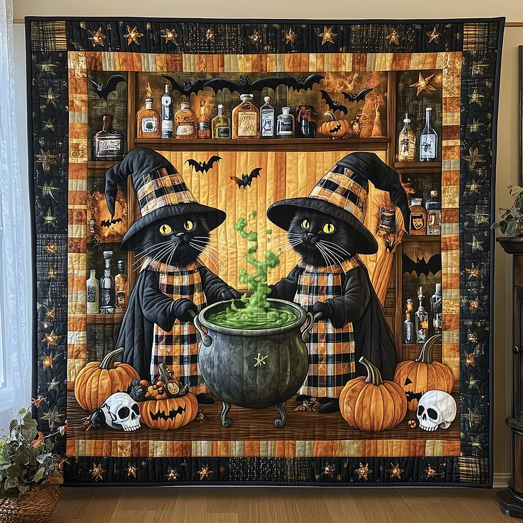Midnight Mischief Quilted Blanket Halloween Black Cats Merch Decor Gift