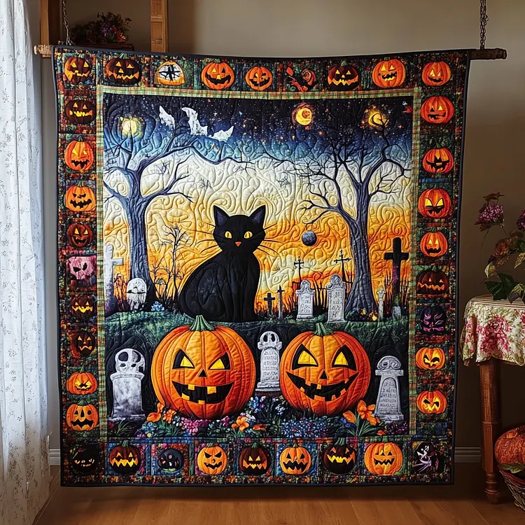 Monster Mash Black Cat Quilted Blanket Black Cat Pumpkins Merch Home Lover Gift