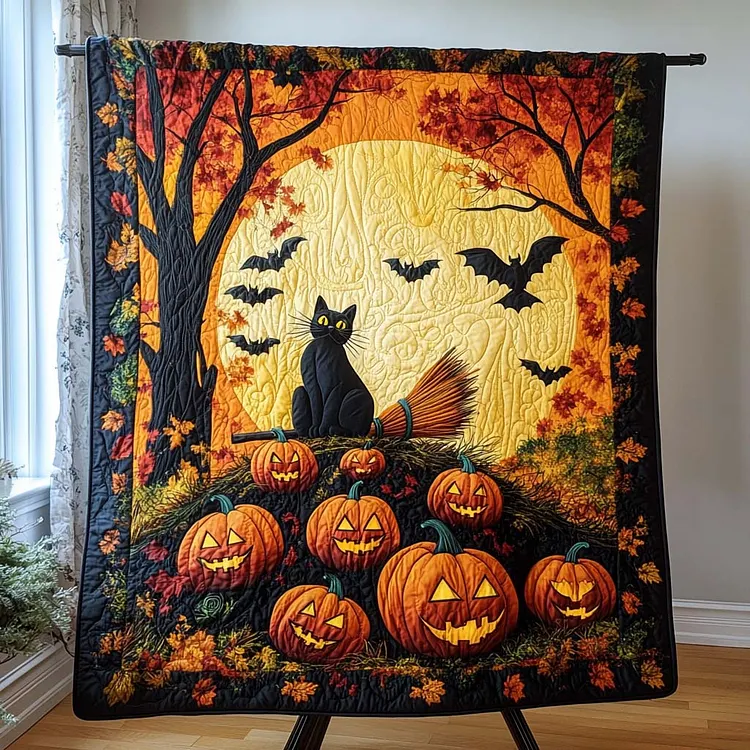 Moonlight Cat Quilted Blanket Black Cat Pumpkins Merch Halloween Wedding Gifts
