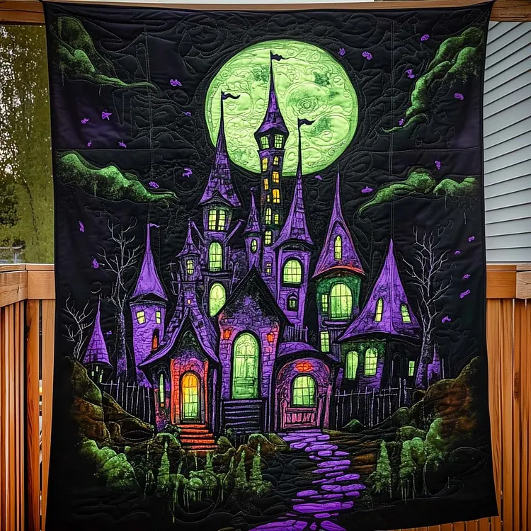 Moonlit Castle Quilted Blanket Haunted Castle Moon Merch Cool Room Decor Gifts