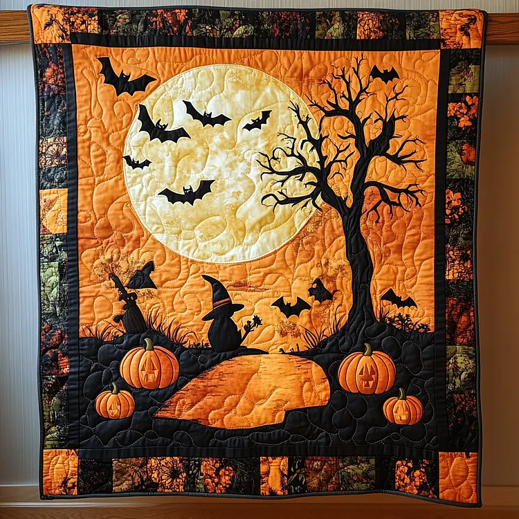Moonlit Magic Quilted Blanket Halloween Moon Bats Merch Halloween Gifts For Boyfriend