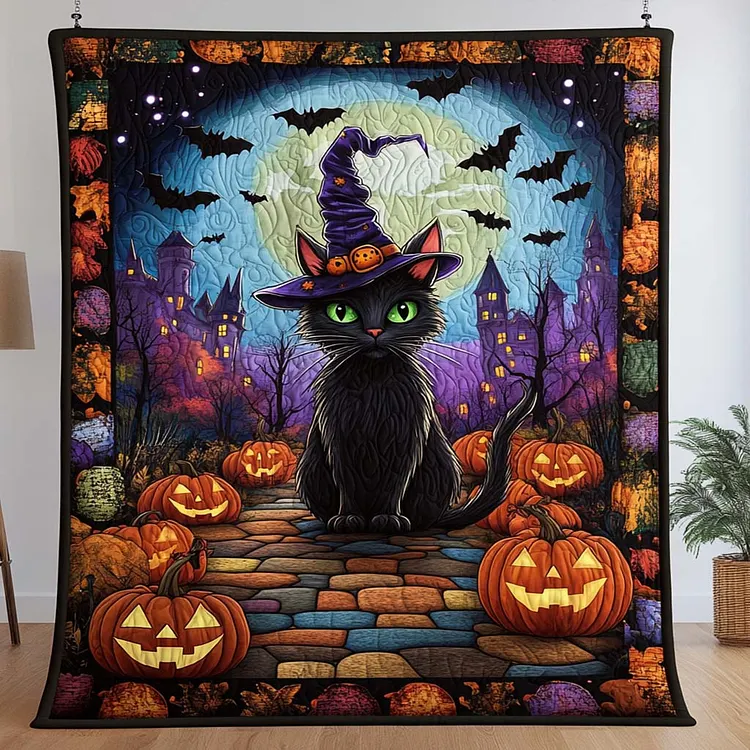 Moonlit Witch Cat Quilted Blanket Witch Cat Halloween Merch Home Lover Gift
