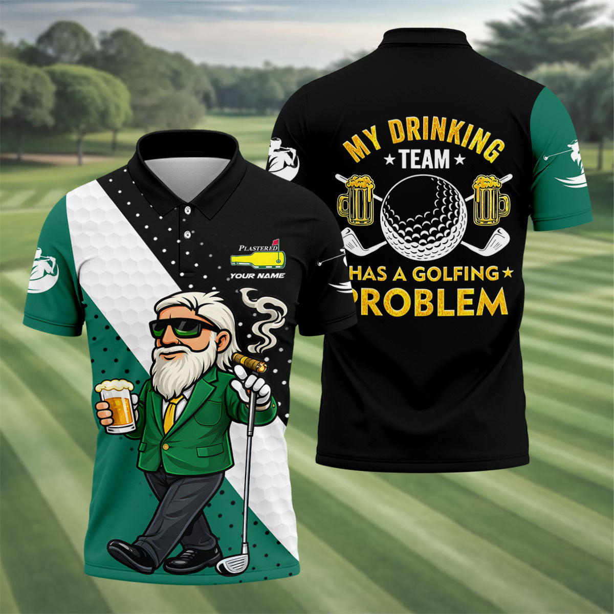 My Drinking Team Has A Golfing Problem Plastered Beer Bottle Logo Polo Shirt Golfer Merch Gift Idea For Him - WWCandleCo