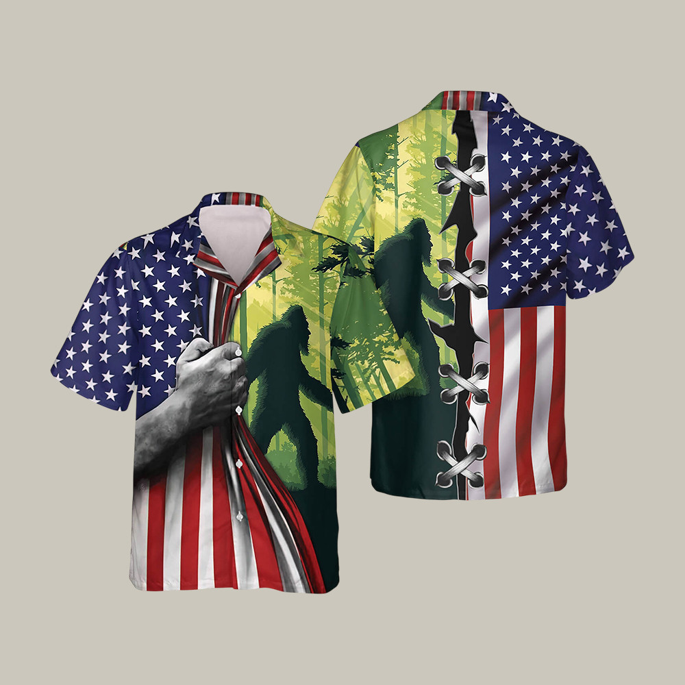 Mysterious America Bigfoot Hawaiian Shirt American Flag Apparel Unique Gift For Dad Birthday - WWCandleCo