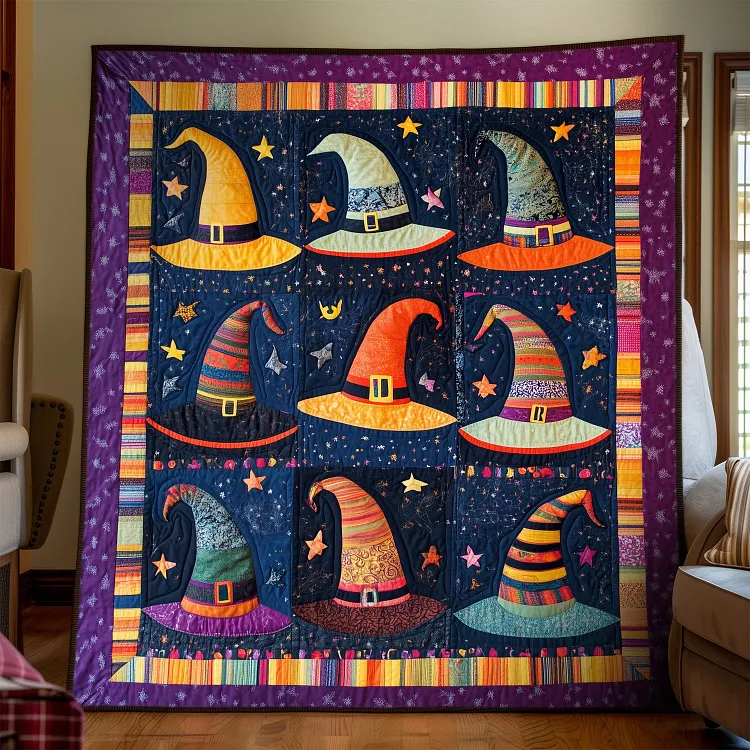Mystical Hat Collection Quilted Blanket Witch Hats Stars Merch Halloween Gift Ideas For Adults