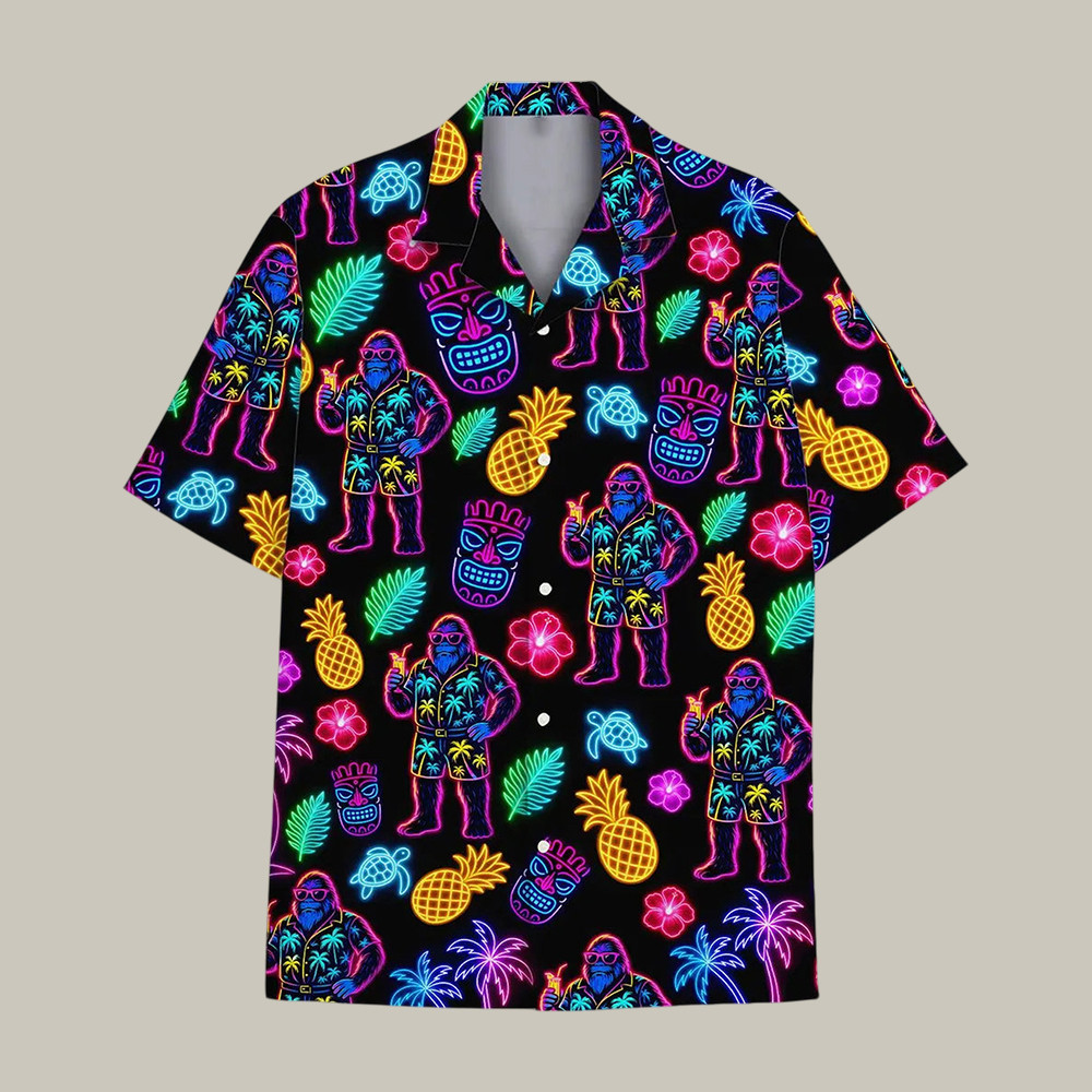 Neon Bigfoot And Tiki Hawaiian Shirt Funny Sasquatch Summer Beach Clothes Best Gift For Father - WWCandleCo