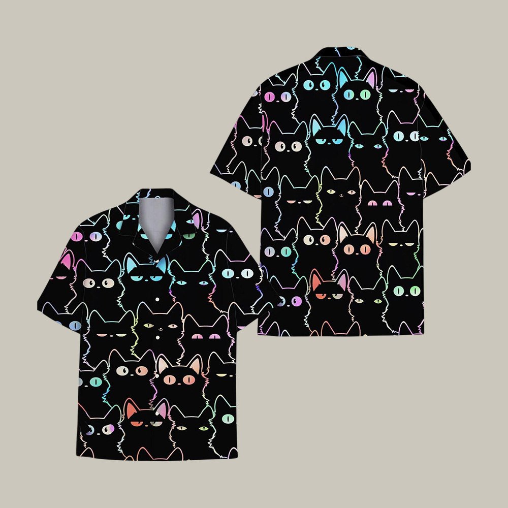 Neon Black Cat Hawaiian Shirt Animal Aloha Shirt Present Idea For Cat Lovers - WWCandleCo