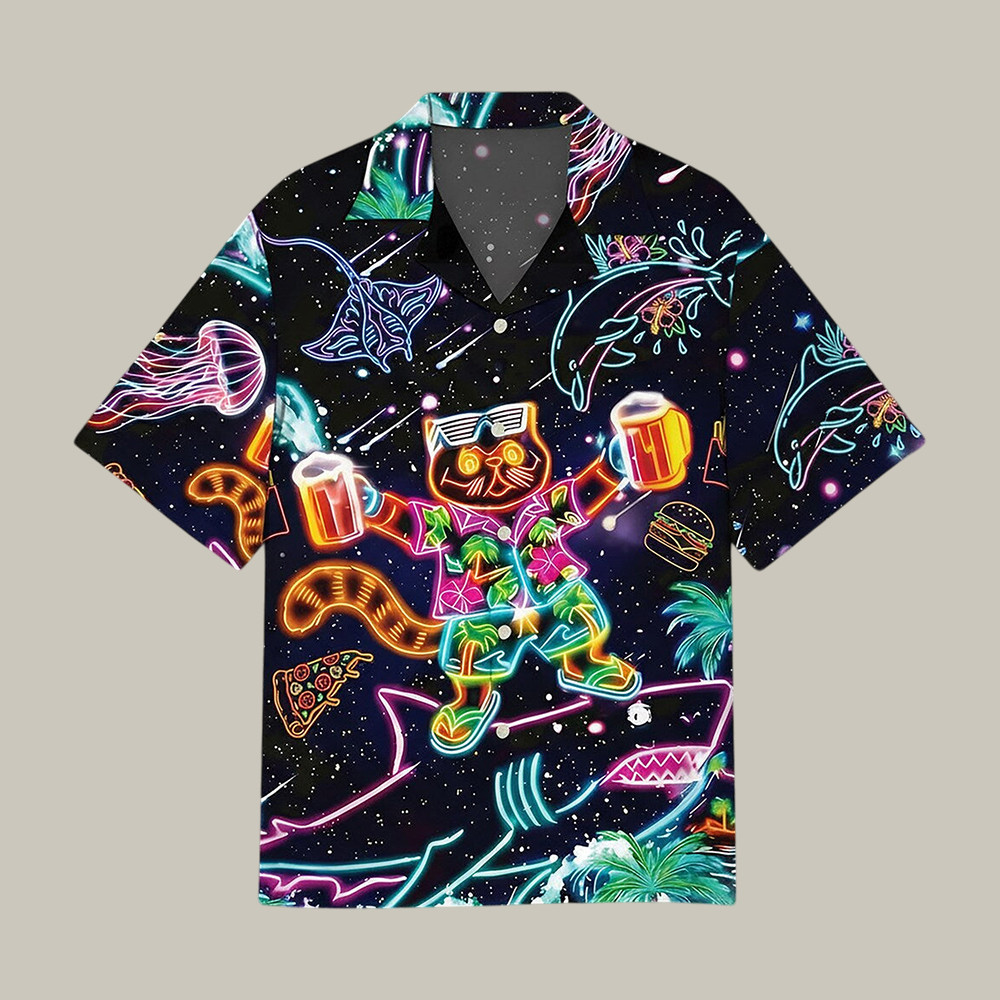 Neon Cat And Shark Hawaiian Shirt Retro Space Party Animals Psychedelic Dolphin Jellyfish Beach Shirt - WWCandleCo