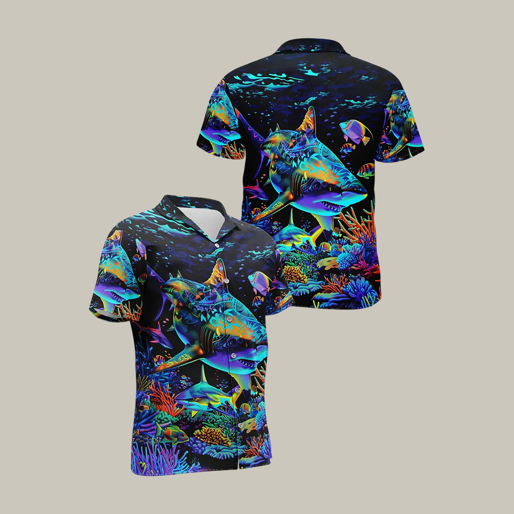 Neon Shark Hawaiian Shirt Colorful Ocean Aloha Underwater Sea Life Shirt Unique Gift For Him - WWCandleCo