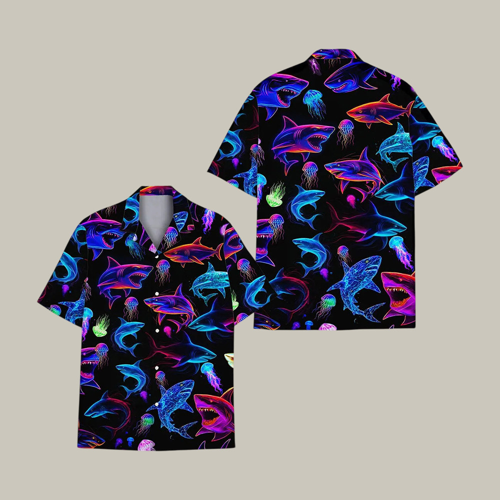 Neon Shark Hawaiian Shirt Shark Aloha Graphic Shirt Great Gift For Shark Lovers - WWCandleCo