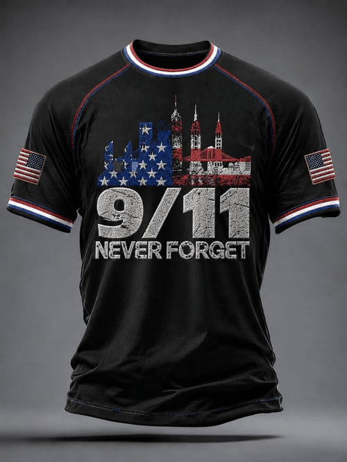 Never Forget 09 11 01 T-Shirt US Flag New York City Skyline Clothes Gift For 9-11 Memorial