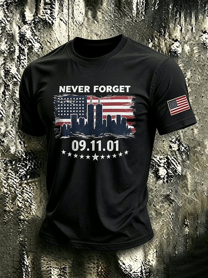 Never Forget 09 11 01 T-Shirt US Flag New York City Skyline Clothes Gift For USA Patriots