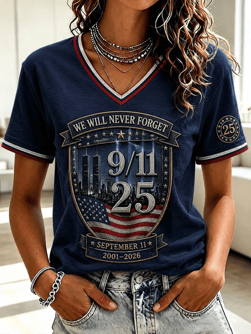 Never Forget 911 25th Anniversary V-Neck Shirt Twin Towers Merch Best Gifts For Mom