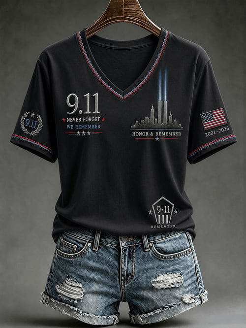 Never Forget 911 25th Anniversary V-Neck Shirt Twin Towers Merch Gift Ideas For Mom