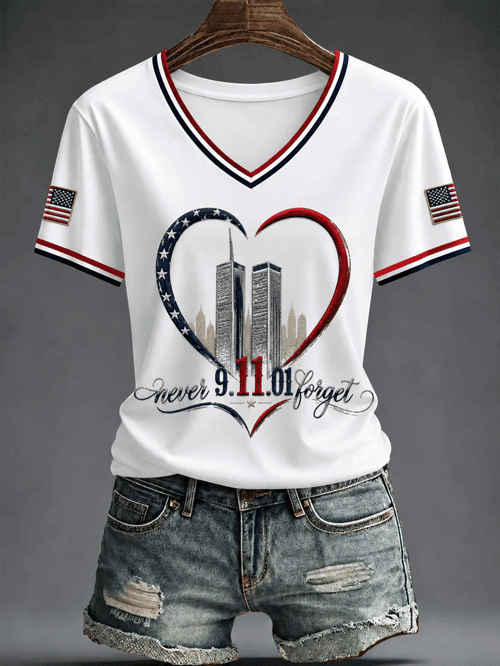 Never Forget 911 September 11 2001 V-Neck Shirt Twin Towers Merch Birthday Gift For Her
