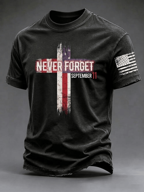 Never Forget Sept 11 Ribbon T-Shirt USA Flag Merch Gift For Proud Patriots