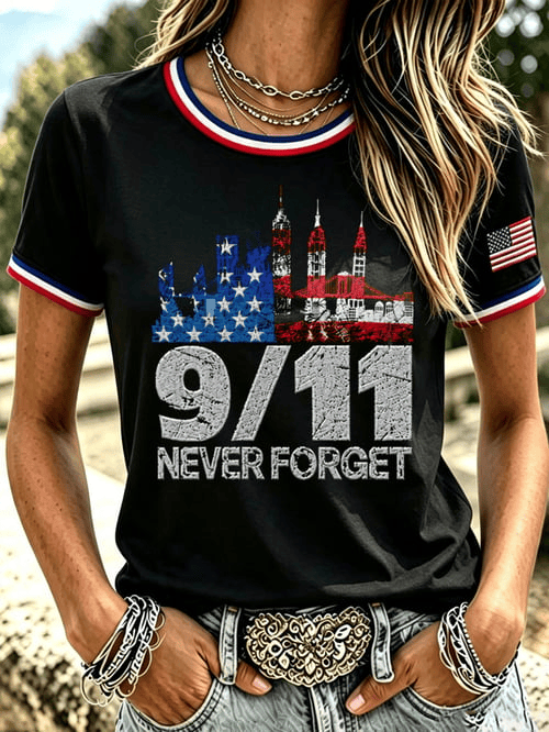 Never Forget Sept 11 Ribbon USA Flag T-Shirt Twin Towers City Clothing Gift For Her