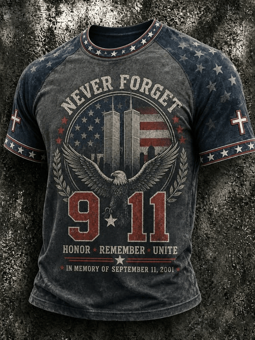 Never Forget Twin Towers T-Shirt Patriotic Crest 9-11 Clothes Gift For Ground Zero Rescuers