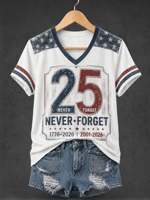 Never Forget V-Neck Shirt 25th Anniversary Merch Gift For Proud Patriots