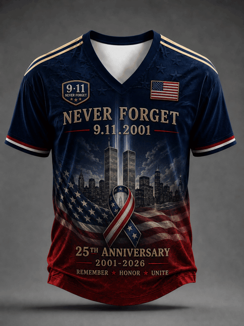 Never Forget V-Neck Shirt 911 2001 25th Anniversary Clothes Gift For USA Patriots