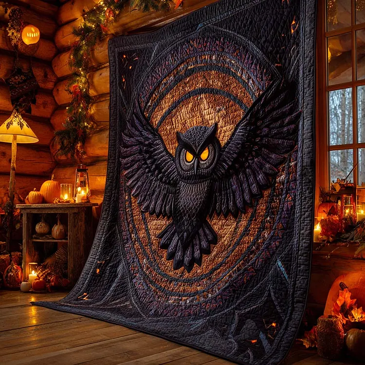 Nocturnal Sentinel Quilted Blanket Owl Halloween Merch Halloween Gift Ideas