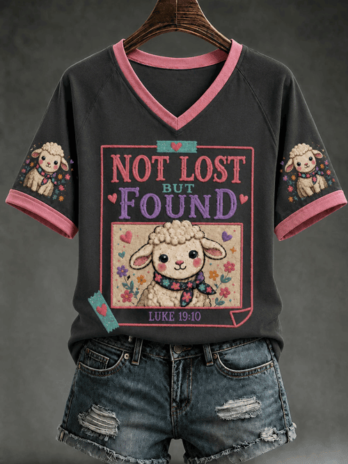 Not Lost But Found V-Neck Shirt Cute Sheep Lamb Cross Merch Gift For Church Members