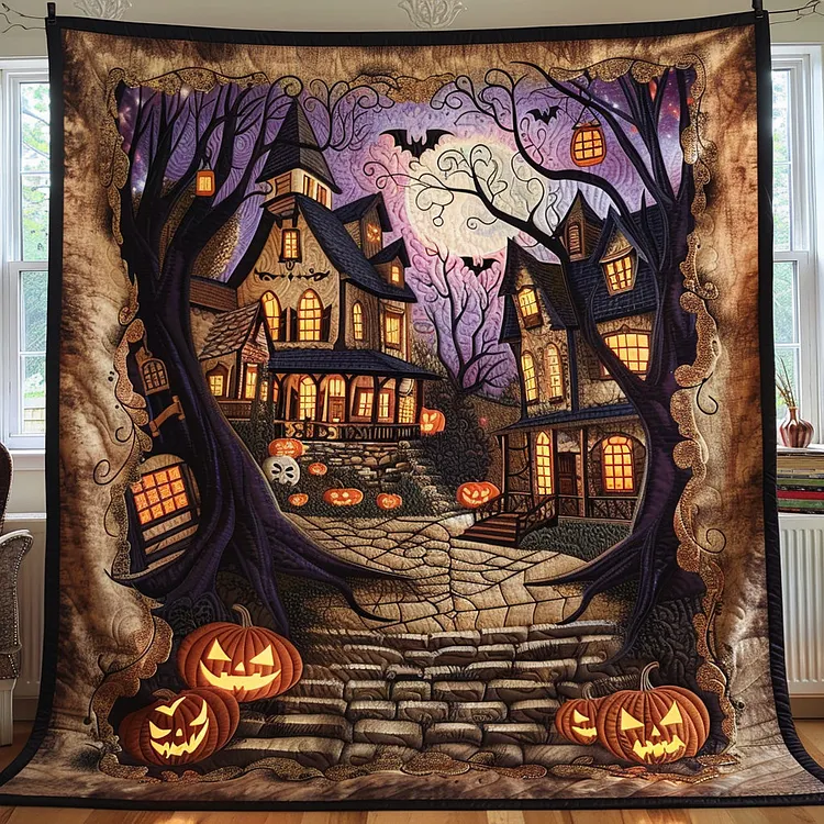 October Spirits Quilted Blanket Haunted Houses And Pumpkins Merch Home Decor Ideas