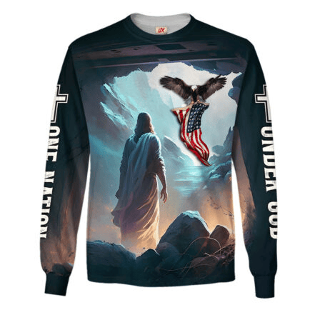 One Nation Under God Long Sleeve Shirt Jesus Flying Eagle American Flag Apparel Gift Ideas