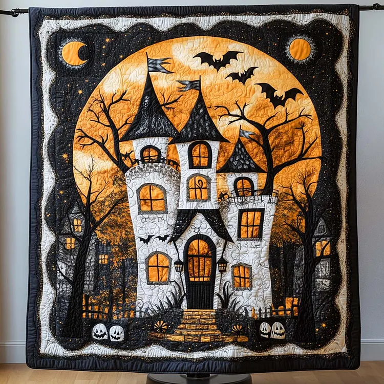 Orange Haunted Castle Quilted Blanket Haunted House Bats Merch Gift For Cozy Spaces