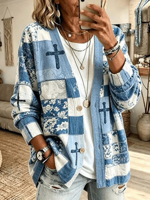 Patchwork Floral Christian Cross Cardigan Uly Sweater Christian Cross Merch Gift Ideas