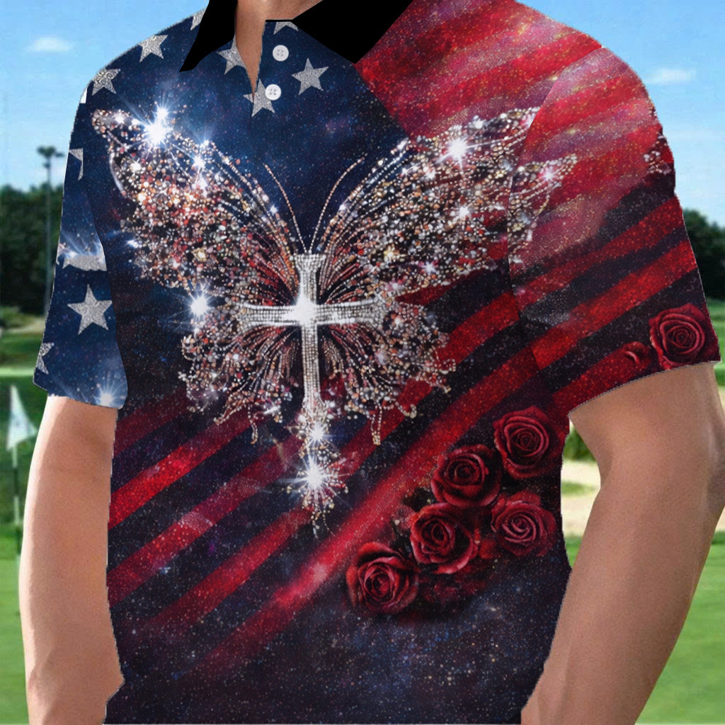 Patriotic Butterfly Golf Polo Shirt US Flag Apparel Gifts For Men Who Love Golf - WWCandleCo