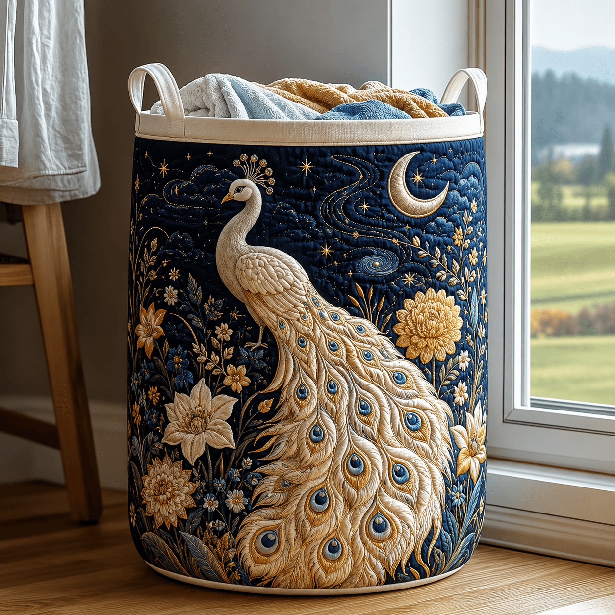 Peacock Charm Quilt Laundry Basket Elegant Bird Storage Bin Gift For Girls