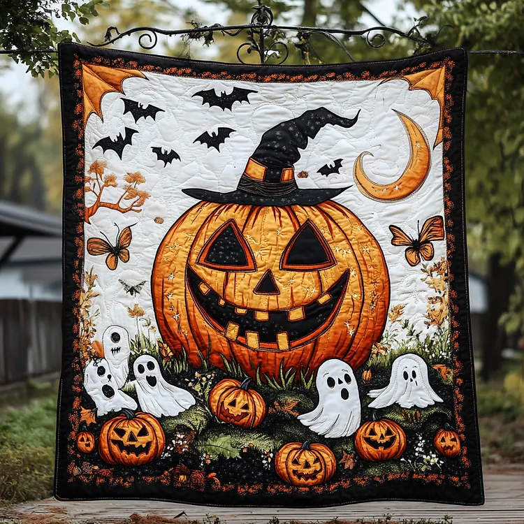 Phantom Glow Quilted Blanket Pumpkin Witch Hat Merch Cool Room Decor