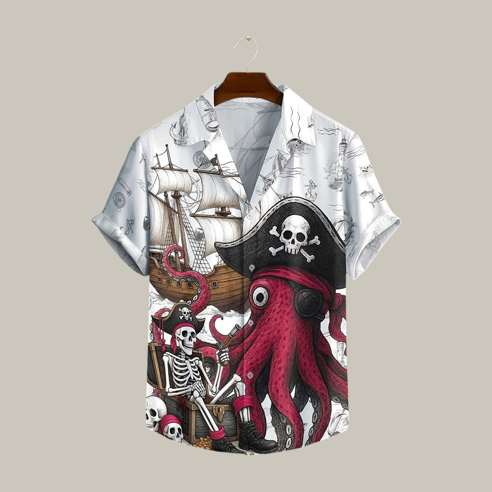 Pirate Skeleton Octopus Graphic Hawaiian Shirt Vintage Aloha Shirt Cool Gift For Pirate - WWCandleCo