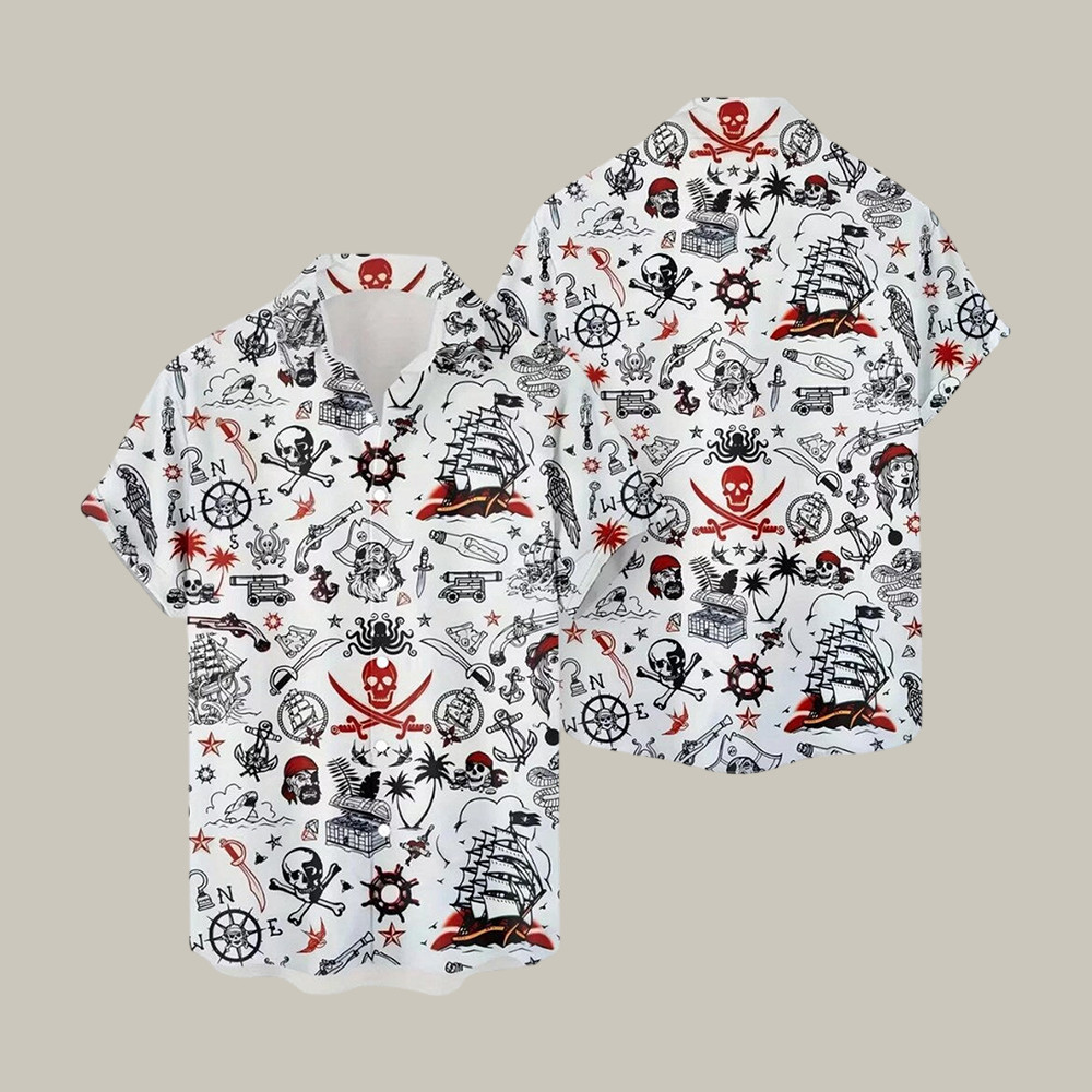 Pirates Hawaiian Shirt Nautical Skull Crossbones Ship Compass Tee Great Gift For Father's Day - WWCandleCo