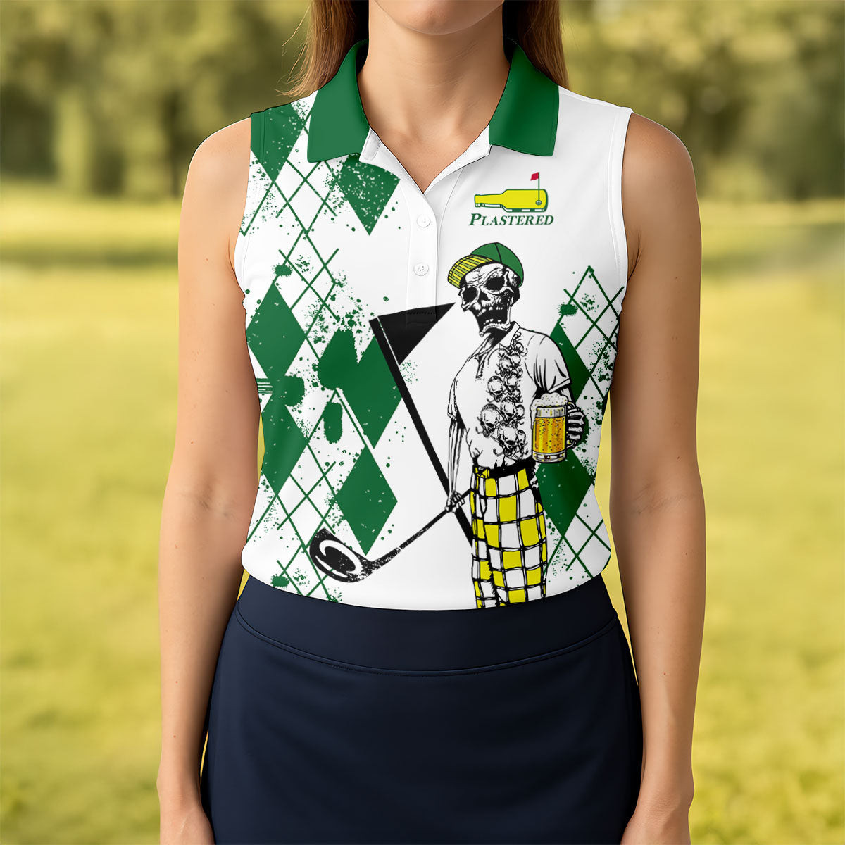 Plastered Golf And Beer Skeleton Golf Tournament Sleeveless Polo Shirt Best Golf Attire Mother's Day Gift - WWCandleCo