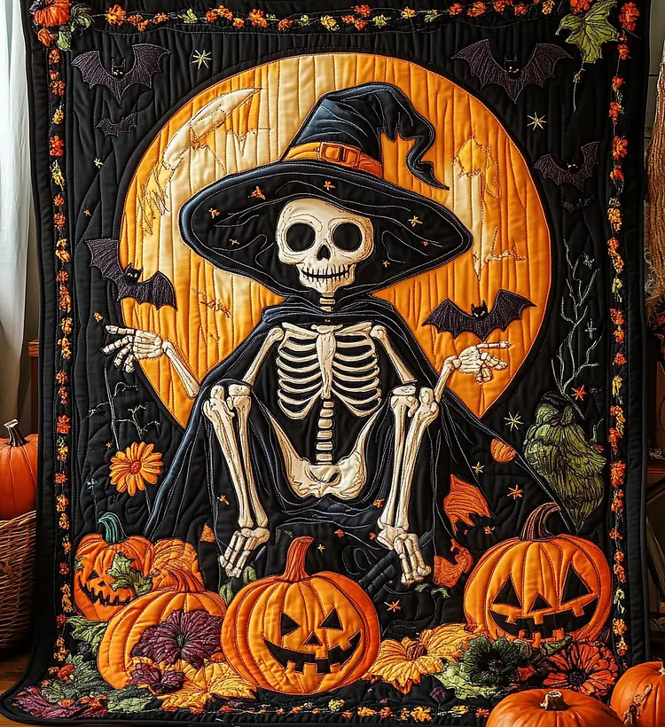 Playful Skeleton Quilted Blanket Skeleton Witch Moon Merch Halloween Gifts For Adults