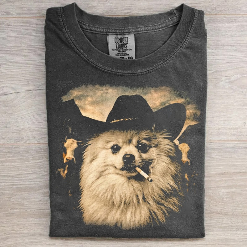 Pomeranian Western Graphic T-Shirt Cowboy Dog Smoking Merch Gifts For Her - WWCandleCo