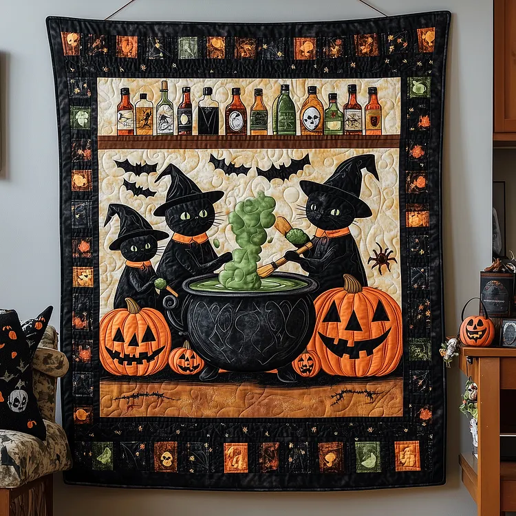 Potion Bubbles Cats Quilted Blanket Black Cats Halloween Merch Halloween Gifts For Mom